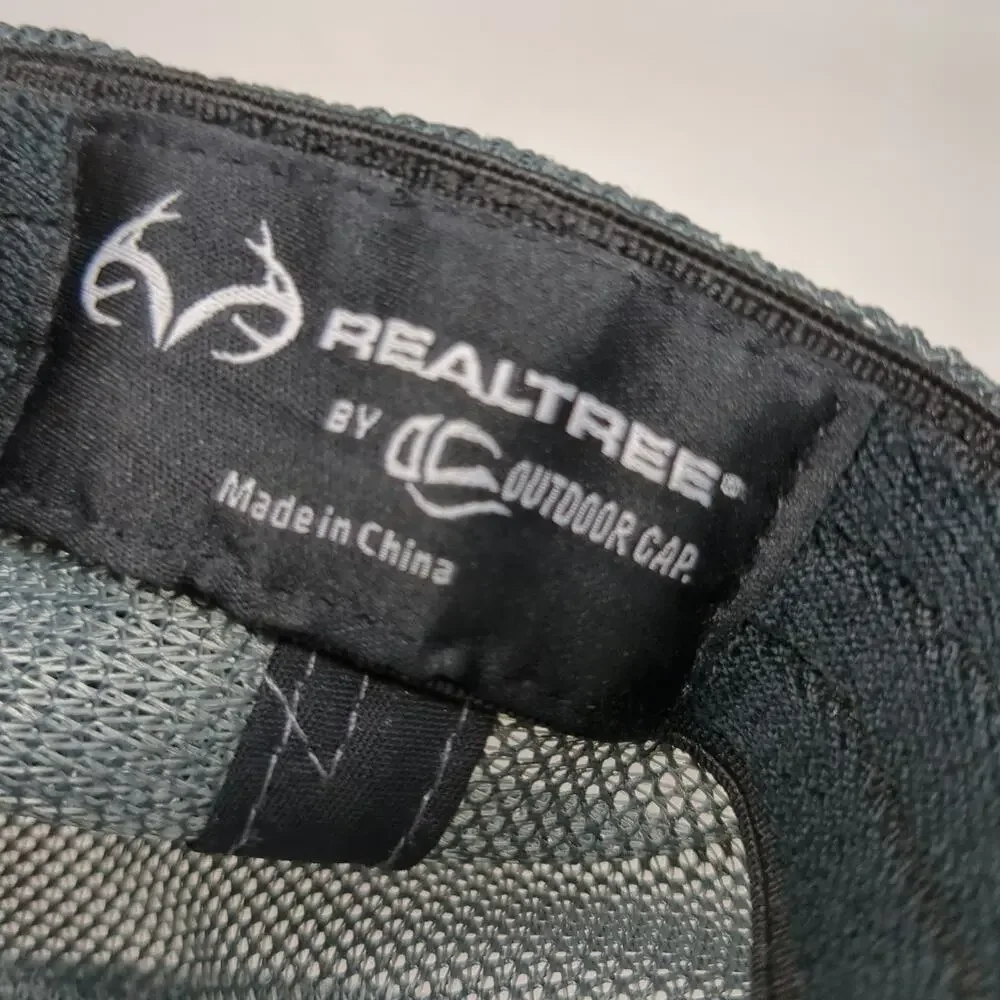 Realtree Baseball Cap Gray Blue M Fishing Hook Logo Mesh Back Stretch Fitted Hat